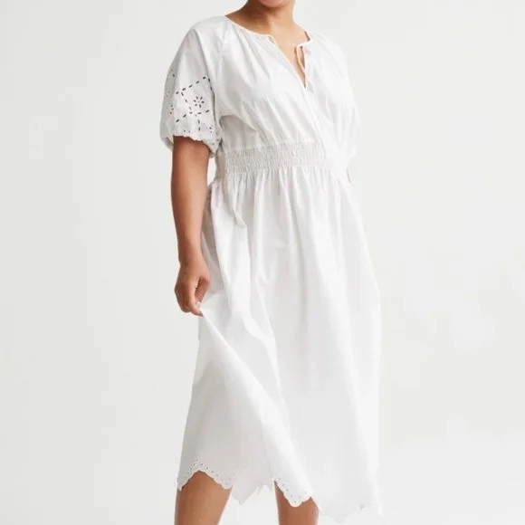 puff sleeved cotton dress h&m H&M TREND Conscious Puff-Sleeved Cotton Dress BLACK Short Midi Size Small